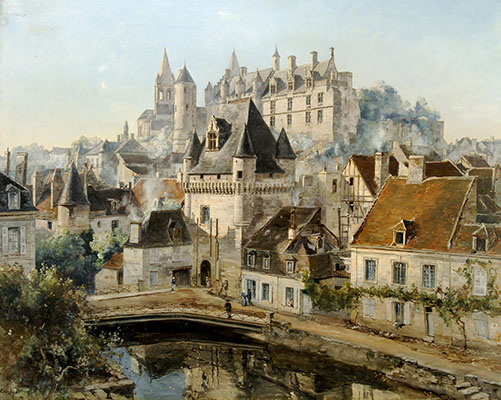 E. Lansyer, Le château de Loches et la porte des Cordeliers, vue prise de la Filature (1891)